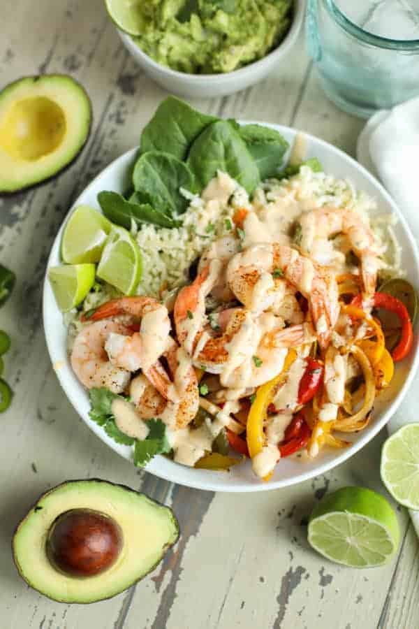 One-Pan Shrimp Fajita Bowls in a white bowl